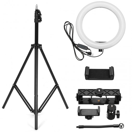 26cm LED Ring Light for Youtube Live Stream Tiktok Broadcast 10 Brightness Dimmable 2800-6500K Makeup Fill Light with Tripod Stand Dual Phone Clip