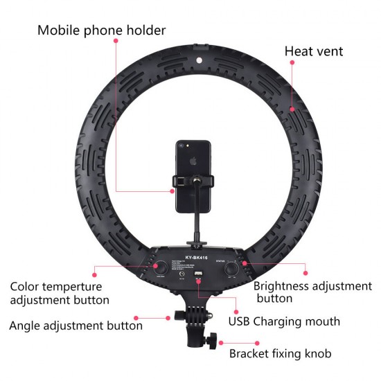 LE-620B-02 65W 3200-5500K 18inch Dimmable LED Selfie Ring Light Photography Video Fill Light Ring Lamp with Phone Clip