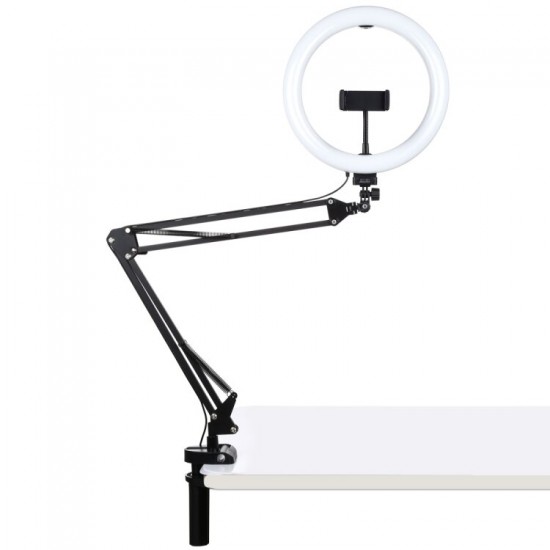 10.2 Inch 26cm Ring Curved Light Desktop Swivel Arm USB 3 Modes Dimmable LED Vlogging Selfie Lights with Telephone Clamp