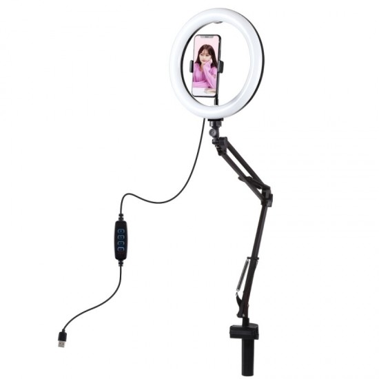 10.2 Inch 26cm Ring Curved Light Desktop Swivel Arm USB 3 Modes Dimmable LED Vlogging Selfie Lights with Telephone Clamp