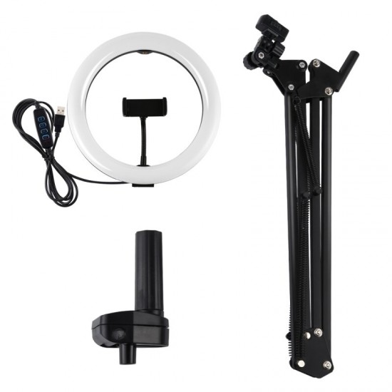 10.2 Inch 26cm Ring Curved Light Desktop Swivel Arm USB 3 Modes Dimmable LED Vlogging Selfie Lights with Telephone Clamp