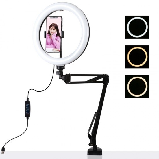 10.2 Inch 26cm Ring Curved Light Desktop Swivel Arm USB 3 Modes Dimmable LED Vlogging Selfie Lights with Telephone Clamp 10.2 Inch 26cm Ring Curved Light Desktop Swivel Arm USB 3 Modes Dimmable LED Vlogging Selfie Lights with Telephone Clamp