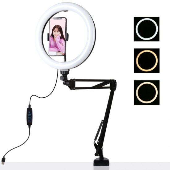 10.2 Inch 26cm Ring Curved Light Desktop Swivel Arm USB 3 Modes Dimmable LED Vlogging Selfie Lights with Telephone Clamp