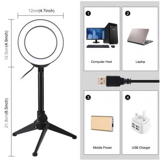 4.7 inch 12cm Ring Light + Desktop Tripod Selfie Stick Mount USB White Light LED Ring Vlogging Photography Video Lights Kits