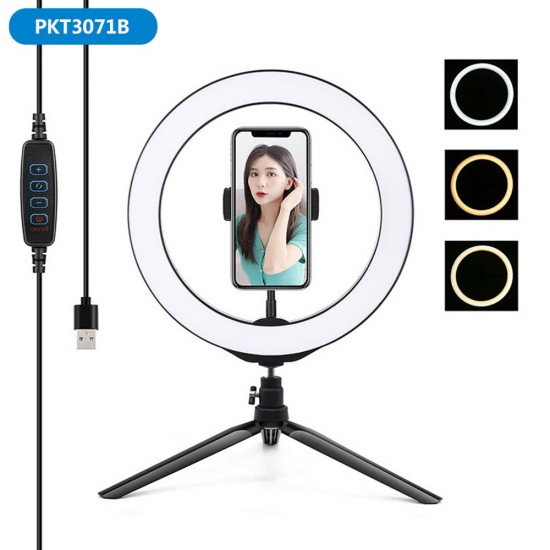 PKT3071B 10.2 Inch 3 Modes Dimmable USB LED Ring Light with Desktop Tripod Phone Holder for Photography Vlog Video