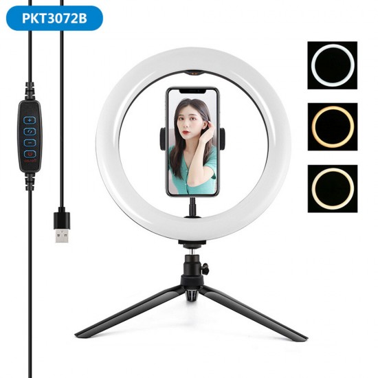 PKT3072B 10.2 Inch 3 Modes Dimmable USB LED Curved Ring Light with Desktop Tripod Phone Holder for Photography Vlog Video