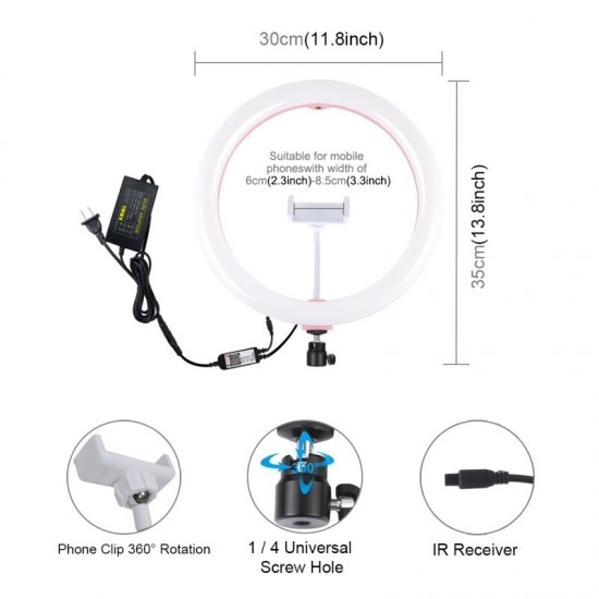PU411F 12 Inches 6500k RGBW Color Dimmable LED Ring Vlogging Selfie Video Fill Light with Tripod Ball Head and Phone Clamp PU411F 12 Inches 6500k RGBW Color Dimmable LED Ring Vlogging Selfie Video Fill Light with Tripod Ball Head and Phone Clamp