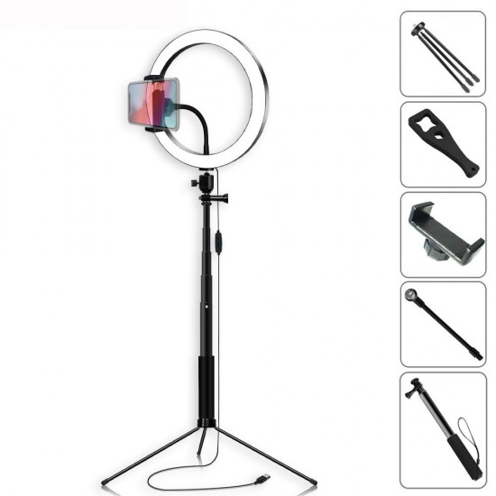 Selfie Stick 5500K Dimmable Video Light 26cm LED Ring Lamp with Phone Holder bluetooth Shutter Wrench for Youtube Tik Tok Live Streaming
