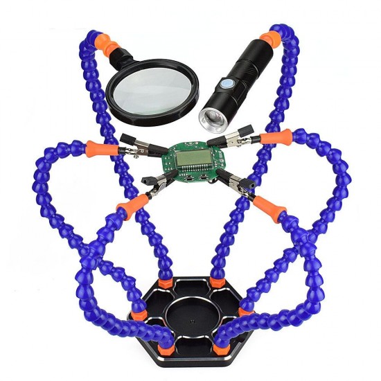 6 Flexible Arms Soldering Vise Helping Hands Third Hand PCB Repair Fixture with Magnifying Glass Lens & LED Flashlight 6 Flexible Arms Soldering Vise Helping Hands Third Hand PCB Repair Fixture with Magnifying Glass Lens & LED Flashlight