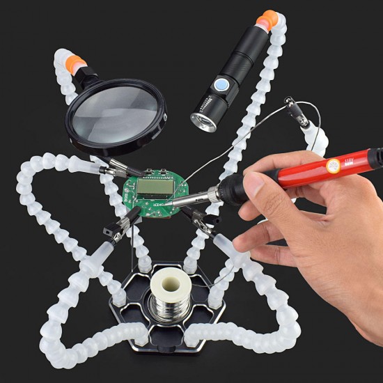 6 Flexible Arms Soldering Vise Helping Hands Third Hand PCB Repair Fixture with Magnifying Glass Lens & LED Flashlight