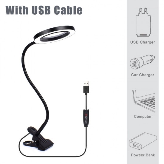 Flexible 5X USB 3 Colors Lamp Magnifier Clip-on Table Top Desk LED Reading Large Lens Illuminated Magnifying Glass