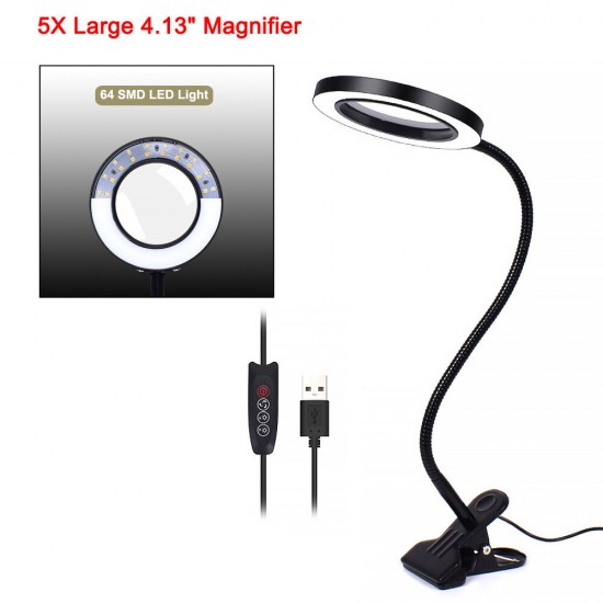 Flexible 5X USB 3 Colors Lamp Magnifier Clip-on Table Top Desk LED Reading Large Lens Illuminated Magnifying Glass