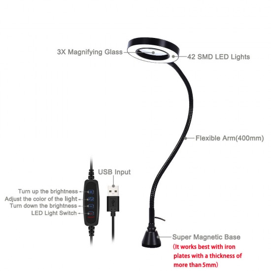 Magnetic Flexible Desk Magnifier 3X USB LED Magnifying Glass 3 Colors Illuminated Magnifier Lamp Loupe Reading Rework Soldering Magnifier Magnetic Flexible Desk Magnifier 3X USB LED Magnifying Glass 3 Colors Illuminated Magnifier Lamp Loupe Reading Rework Soldering Magnifier