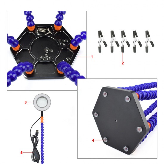 Soldering PCB Holder Tool Six Arms Helping Hands Third Hand Crafts Repair Helping Welding Station USB LED Magnifier