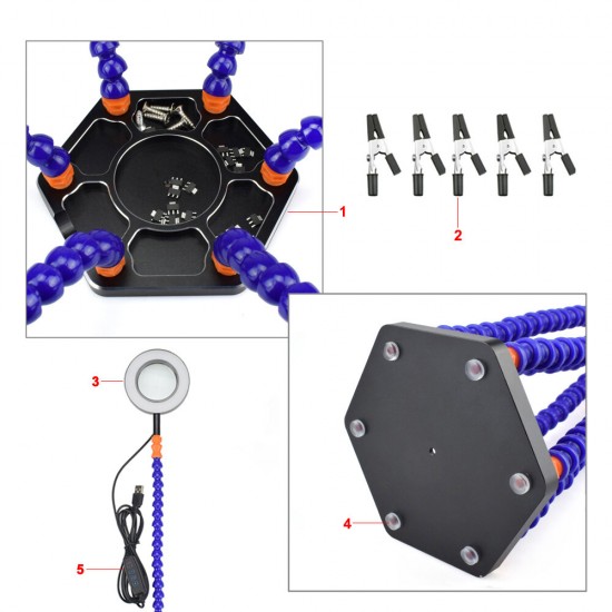 Soldering PCB Holder Tool Six Arms Helping Hands Third Hand Crafts Repair Helping Welding Station USB LED Magnifier Soldering PCB Holder Tool Six Arms Helping Hands Third Hand Crafts Repair Helping Welding Station USB LED Magnifier