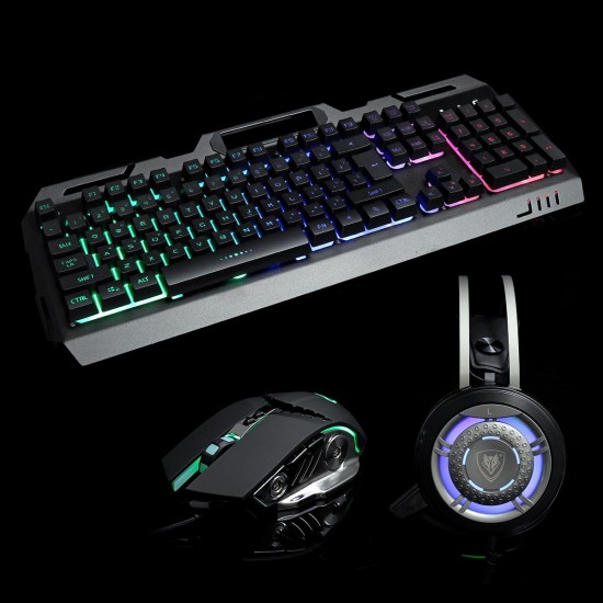 3-In-1 USB Wired 3200DPI Mouse Colorful Headset Rainbow Backlight Mechanical Keyboard Set with Mouse Pad for Desktop Computer Notebook