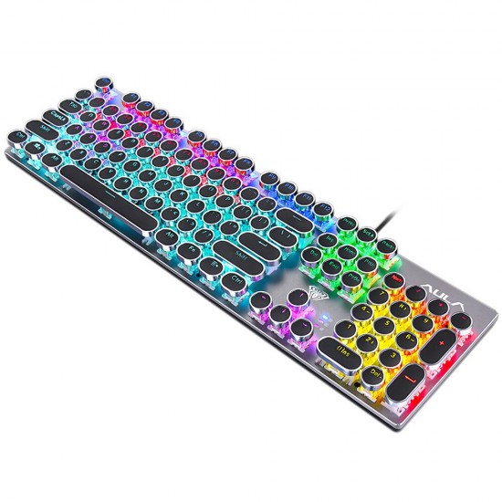 F2016 Wired Mechanical Keyboard 104 Keys Punk Plating Suspension Translucent Character Round Keycaps Blue Switch Gaming Keyboard