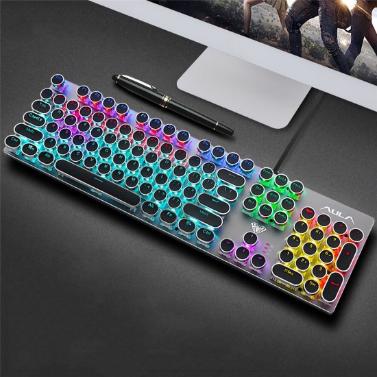 F2016 Wired Mechanical Keyboard 104 Keys Punk Plating Suspension Translucent Character Round Keycaps Blue Switch Gaming Keyboard