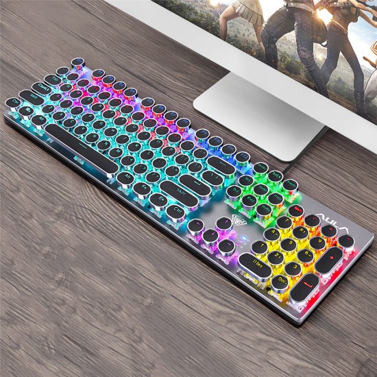 F2016 Wired Mechanical Keyboard 104 Keys Punk Plating Suspension Translucent Character Round Keycaps Blue Switch Gaming Keyboard