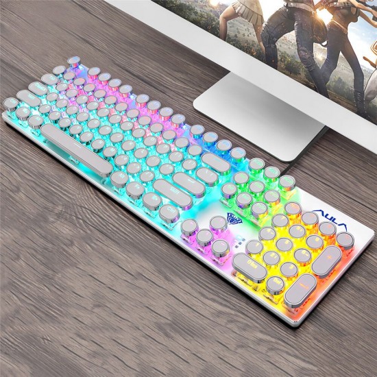 F2016 Wired Mechanical Keyboard 104 Keys Punk Plating Suspension Translucent Character Round Keycaps Blue Switch Gaming Keyboard