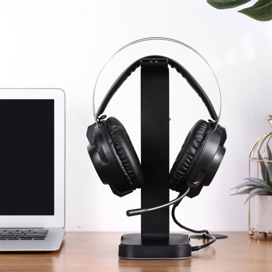 H100 Headset Stand Dual USB Ports Colorful Light Base Headphone Hanger Headset Mount Holder Office Home Decor