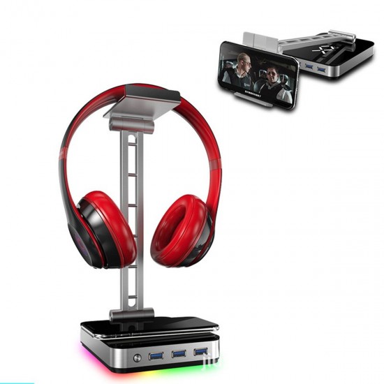 JSR-1 RGB Headphone Stand Headset Holder with 3 USB Ports 1 Type-c Aluminum Alloy Multi-functional Base