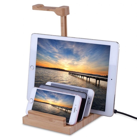 Wooden Headphone Stand Headset Hanger Mobile Phone Tablet Stand Holder with Universal USB Charging Ports USB Charger