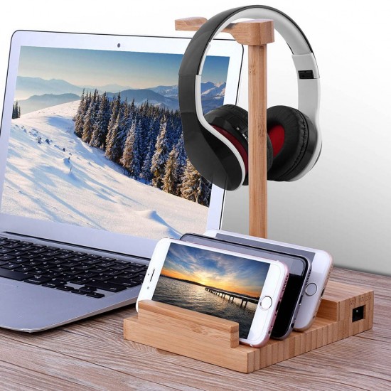 Wooden Headphone Stand Headset Hanger Mobile Phone Tablet Stand Holder with Universal USB Charging Ports USB Charger Wooden Headphone Stand Headset Hanger Mobile Phone Tablet Stand Holder with Universal USB Charging Ports USB Charger