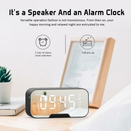 2020 New Wireless bluetooth Clock Speaker Radio LED Mirror Alarm Clock Subwoofer Music Player Snooze Desktop Clock Wireless Speaker with FM Radio