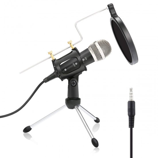 3.5mm USB Condenser Recording Microphone for Mac Windows PC Laptop Youtube Live Streaming Studio Microphones for iPhone Android Mobile Phone Broadcast with Stand