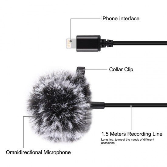 Mini 1.5m 8Pin Jack Lavalier Wired Condenser Recording Microphone for Live Vlog Phone