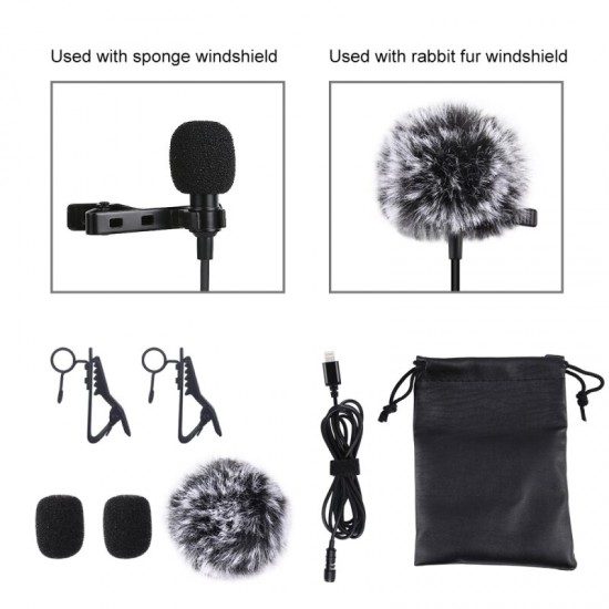 Mini 1.5m 8Pin Jack Lavalier Wired Condenser Recording Microphone for Live Vlog Phone