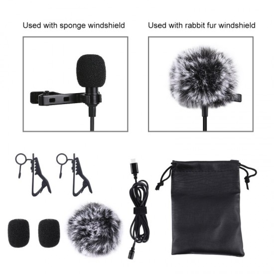 Mini 1.5m Type-C Jack Lavalier Wired Condenser Recording Microphone for Phone Live