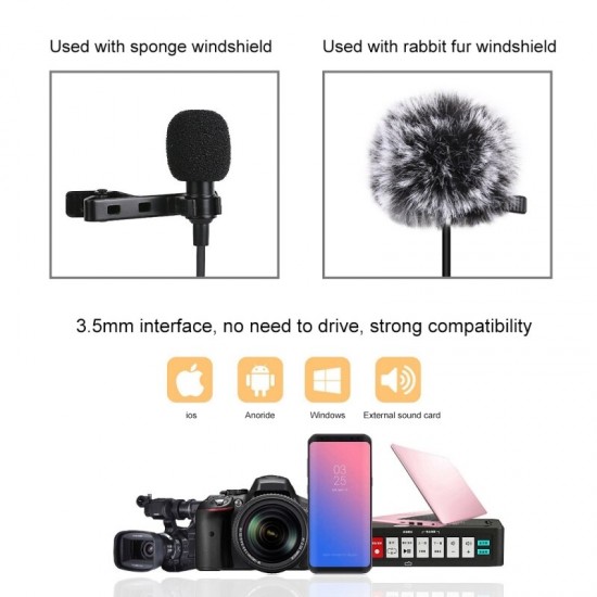 PU3046 Lavalier Micrphone Portable 6M 3.5mm Jack Microphone Clip-on Wired Condenser Light Lapel Microphone for Recording Speech Live Video