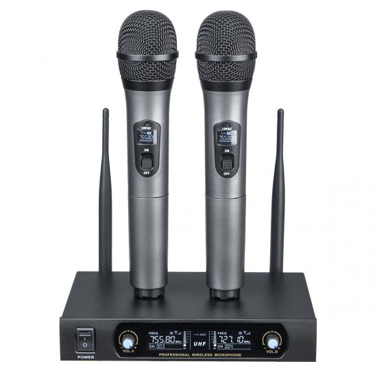 UHF Receiver 2 Channel Wireless Microphone System Bass Good Sounds KTV Party Sing Home Entertainment