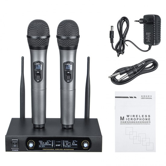 UHF Receiver 2 Channel Wireless Microphone System Bass Good Sounds KTV Party Sing Home Entertainment