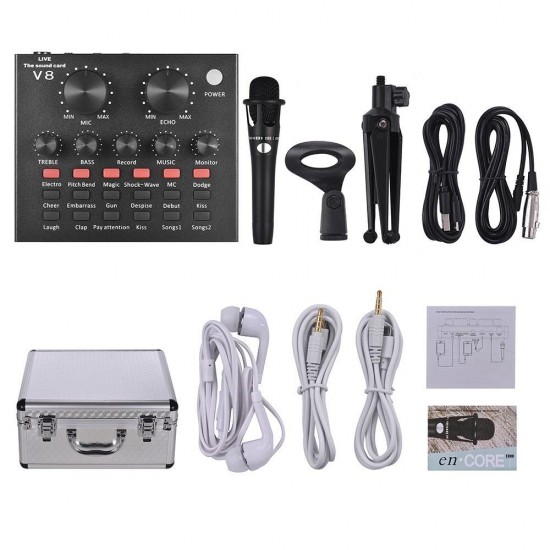 USB Sound Card Microphone with Tripod Audio Cable Earphone for Broadcast Live Streaming for Tik Tok YY Karaoke Singing