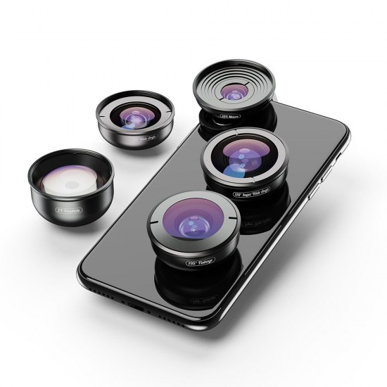 HD5V2 5 in 1 Fisheye Macro Wide Angle Teleconverter Portrait Lens for Mobile Phone Photography