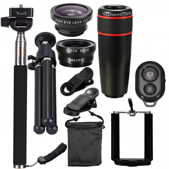 All in 1 Camera Lens Kit 8X_12X Telescope Fisheye Wide Angle Macro Telephoto Lens with Tripod Selfie Stick for Vlog Travel Outdoor All in 1 Camera Lens Kit 8X_12X Telescope Fisheye Wide Angle Macro Telephoto Lens with Tripod Selfie Stick for Vlog Travel Outdoor