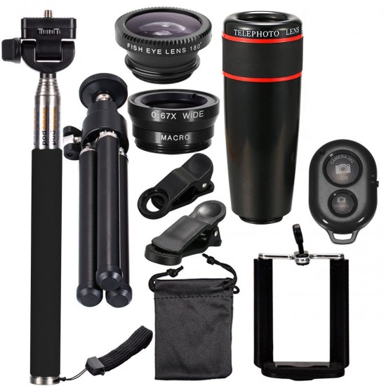 All in 1 Camera Lens Kit 8X_12X Telescope Fisheye Wide Angle Macro Telephoto Lens with Tripod Selfie Stick for Vlog Travel Outdoor