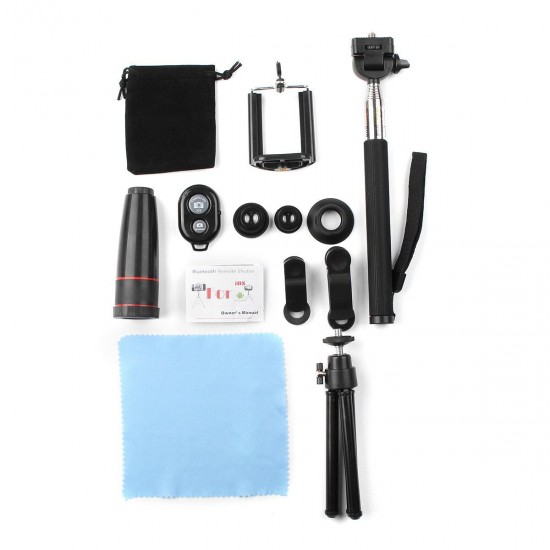 All in 1 Camera Lens Kit 8X_12X Telescope Fisheye Wide Angle Macro Telephoto Lens with Tripod Selfie Stick for Vlog Travel Outdoor
