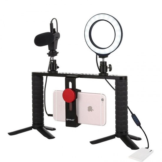 PKT3028 4 in 1 4.7 inch Video Rig Handle Stabilizer LED Ring Light Live Broadcast Vlogging Selfie for Smartphone with Microphone