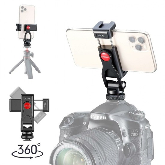 ST-10 Metal Dual Cold Shoe Phone Holder Phone Clip with Led Video Light Microphone Mount
