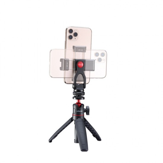 ST-10 Metal Dual Cold Shoe Phone Holder Phone Clip with Led Video Light Microphone Mount