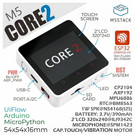 Core2 ESP32 with Touch Screen Development Board Kit WiFi bluetooth Graphical Programming WiFi BLE IoT for Arduino - products that work with official Arduino boards Core2 ESP32 with Touch Screen Development Board Kit WiFi bluetooth Graphical Programming WiFi BLE IoT for Arduino - products that work with official Arduino boards