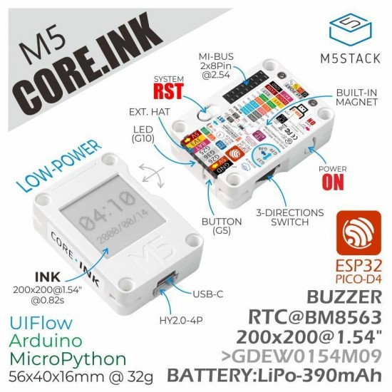 ESP32 Core Ink Development Kit with 1.54 inch EInk Display IoT Terminal E-Book Industrial Control Panel