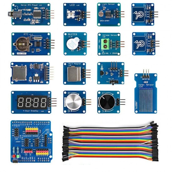 Sensor Starter Module Kits with IO Expansion Shield for UNO R3 Mega2560 R3 Leonardo Sensor Starter Module Kits with IO Expansion Shield for UNO R3 Mega2560 R3 Leonardo