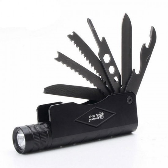 Multifunctional Black 3-Mode Flashlight Saw Bottle Opener Ruler Tool Set