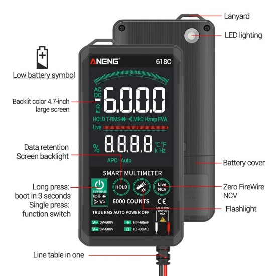 618C Digital Multimeter Smart Touch DC Analog Bar True RMS Auto Tester Professional Capacitor NCV Testers Meter 618C Digital Multimeter Smart Touch DC Analog Bar True RMS Auto Tester Professional Capacitor NCV Testers Meter