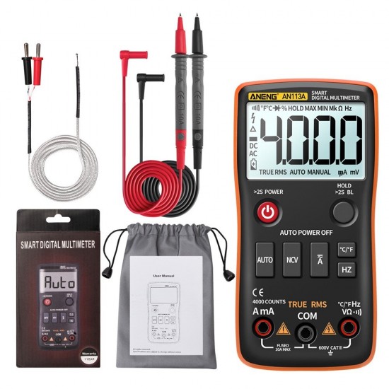 AN113A Intelligent Auto Measure True- RMS Digital Multimeter 4000 Counts Resistance Diode Continuity Tester Temperature AC/DC Voltage Current Meter